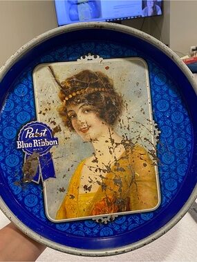 Pabst Blue Ribbon Vintage Metal Tray/Lady Portrait - Blue & Gold- distressed